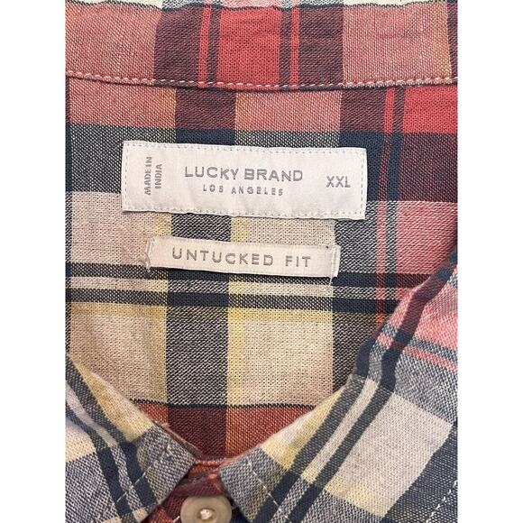 Lucky Brand Untucked Fit Short Sleeve Button Shirt Mens 2XL Plaid Cotton Linen - Picture 2 of 6